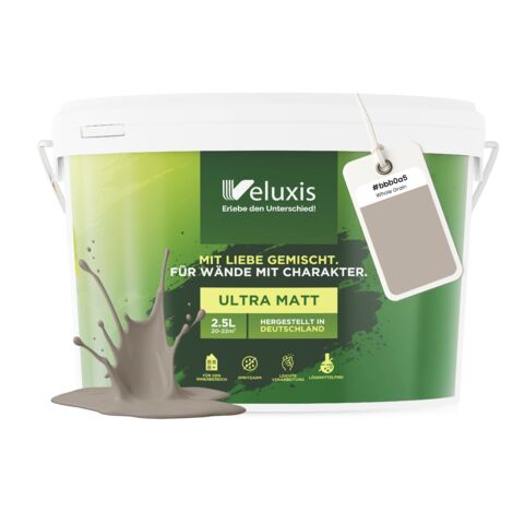 Pittura murale grigio chiaro crema beige opaca per interni – Copertura classe 1, senza COV, senza primer, a goccia – Soggiorno e camera da letto – 2,5 L – Veluxis (Whole Grain)