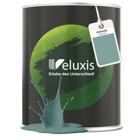 Pittura murale grigio verde salvia opaca per interni – Copertura classe 1, senza COV, senza primer, a bassa gocciolatura – Soggiorno e camera da letto – 1 L – Veluxis (Sage Grey)