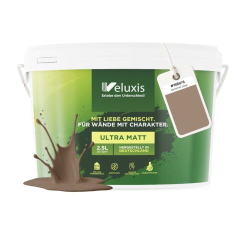 Pittura murale marrone beige grigio opaca per interni – Copertura classe 1, senza COV, senza primer, a goccia – Soggiorno e camera da letto – 2,5 L – Veluxis (Dynamic Date)