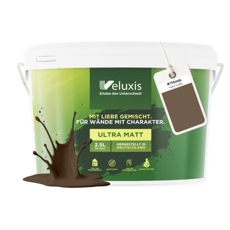 Pittura murale marrone grigio oro opaca per interni – Copertura classe 1, senza COV, senza primer, a bassa emissione di COV – Soggiorno e camera da letto – 2,5 L – Veluxis (Tasty Truffle)