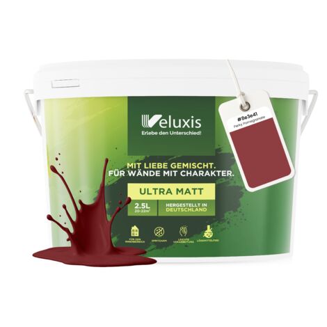 Pittura murale rosso-marrone bordeaux opaca per interni – Copertura classe 1, senza COV, senza primer, a bassa gocciolatura – Soggiorno e camera da letto – 2,5 L – Veluxis (Perky Pomegranate)