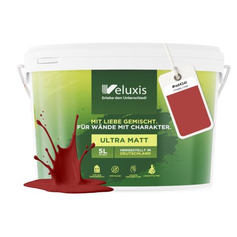 Pittura murale rosso-marrone opaca per interni – Copertura classe 1, senza COV, senza primer, a goccia – Soggiorno e camera da letto – 5 L – Veluxis (Cheeky Chilli)