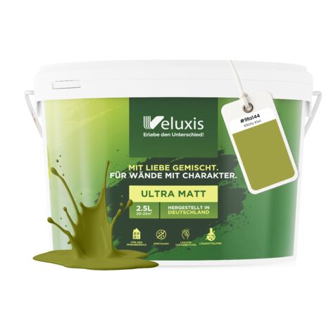 Pittura murale verde giallo oro opaca per interni – Copertura classe 1, senza COV, senza primer, a goccia – Soggiorno e camera da letto – 2,5 L – Veluxis (Kitchy Kiwi)