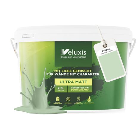 Pittura murale verde grigio chiaro verde menta opaca per interni – Copertura classe 1, senza COV, senza primer, a goccia – Soggiorno e camera da letto – 2,5 L – Veluxis (Woodruff Cream)