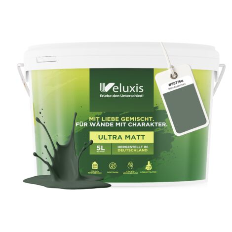 Pittura murale verde grigio salvia opaca per interni – Copertura classe 1, senza COV, senza primer, a goccia – Soggiorno e camera da letto – 5 L – Veluxis (Ritzy Rosemary)
