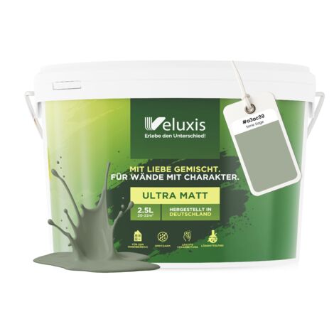 Pittura murale verde salvia grigio opaca per interni – Copertura classe 1, senza COV, senza primer, a goccia – Soggiorno e camera da letto – 2,5 L – Veluxis (Sane Sage)