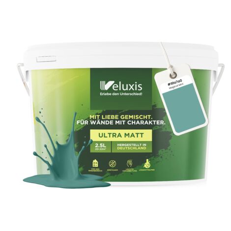 Pittura murale verde turchese petrolio opaca per interni – Copertura classe 1, senza COV, senza primer, a goccia – Soggiorno e camera da letto – 2,5 L – Veluxis (Magical Mint)