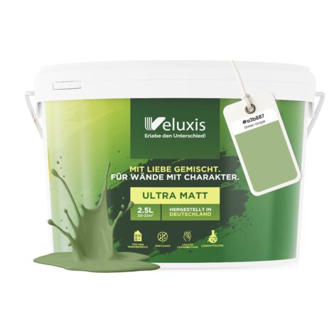 Pittura murale verde verde salvia giallo opaca per interni – Copertura classe 1, senza COV, senza primer, a goccia – Soggiorno e camera da letto – 2,5 L – Veluxis (Green Grape)