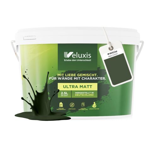 Pittura murale verde verde scuro marrone opaca per interni – Copertura classe 1, senza COV, senza primer, a goccia – Soggiorno e camera da letto – 2,5 L – Veluxis (Zippy Zucchini)