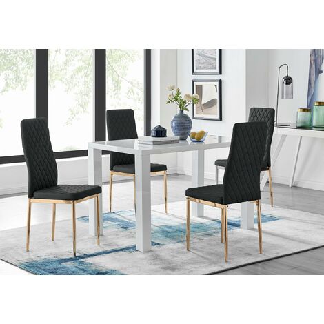 Pivero 4 White Dining Table and 4 Gold Leg Milan Chairs