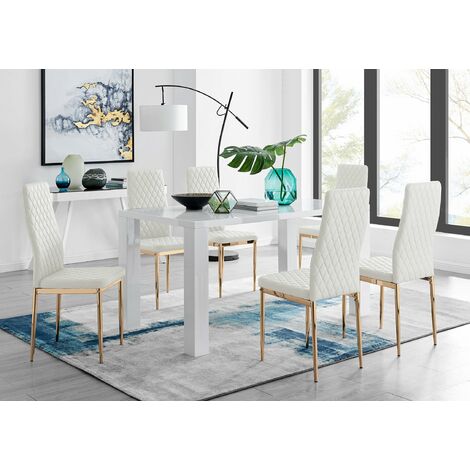 Pivero 6 White Dining Table and 6 Gold Leg Milan Chairs