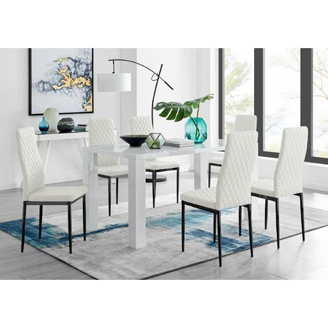 main image of "Pivero 6 White Dining Table and 6 Milan Black Leg Chairs"