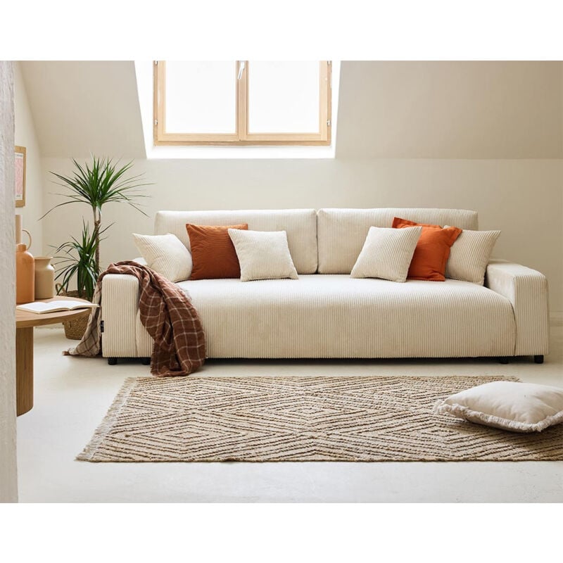 Lisa Design - Pivoine - canapé droit 3 places - convertible avec coffre - en velours côtelé - beige