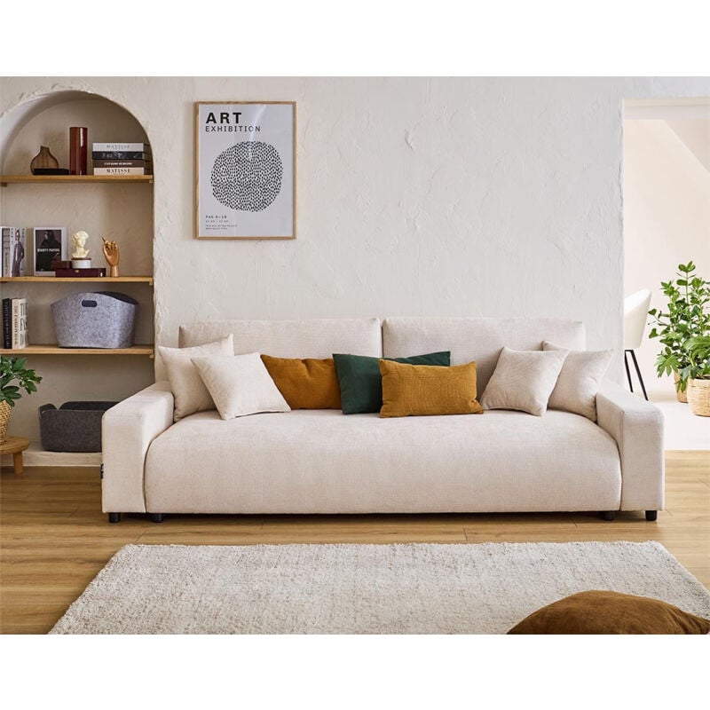 Lisa Design - Pivoine - canapé droit 3 places - convertible avec coffre - en velours texturé - beige