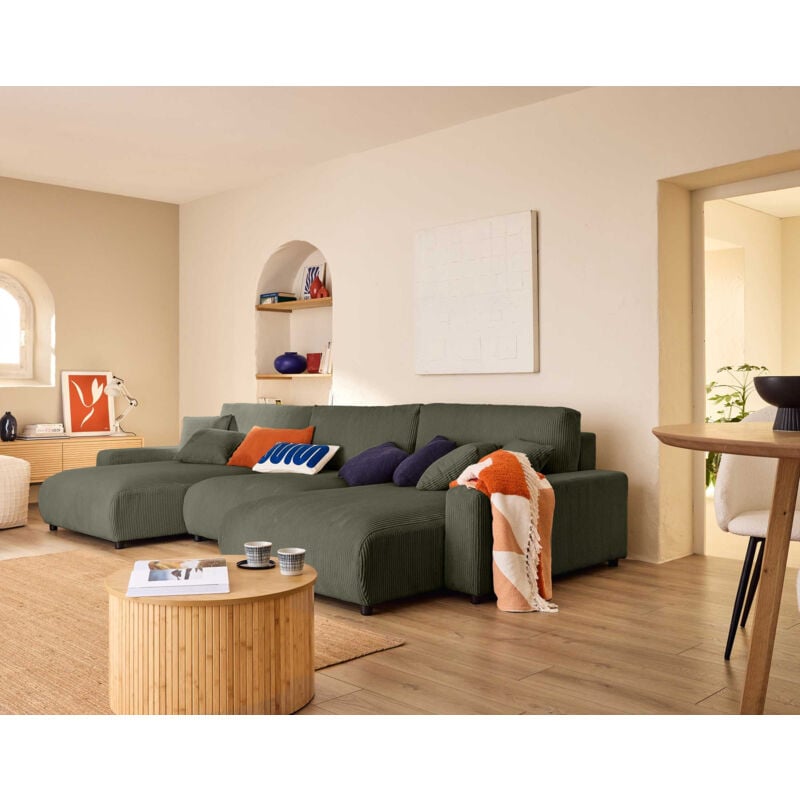 Lisa Design - Pivoine - canapé panoramique en u - 7 places - convertible avec coffre - en velours côtelé