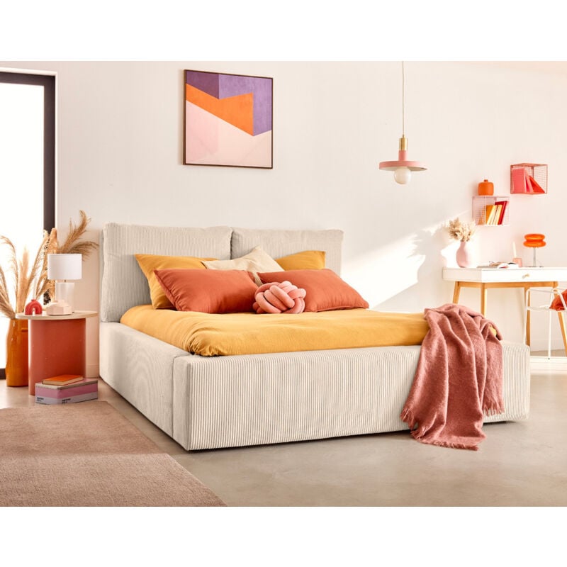 Pivoine - lit coffre - 140x190 - en velours côtelé - sommier inclus - beige