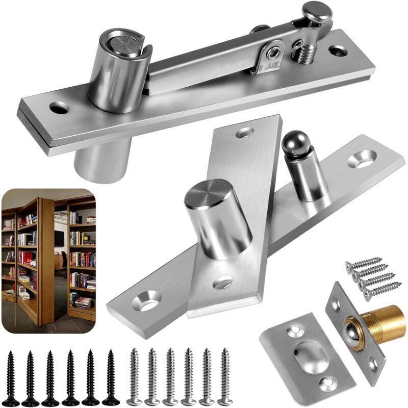 Pivoting door hinges, concealed hinge system with ball-bearing latch for sturdy wooden doors up to 90.7 kg, and hidden, secret bookcase.