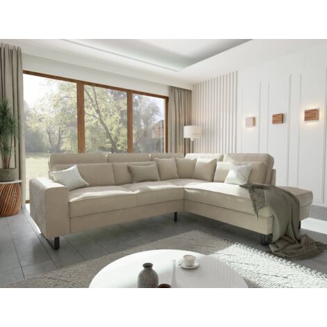 Pixel - Ecksofa mit Ottomane und Schwarz Metall Füßen in Beige Samt-Stoff