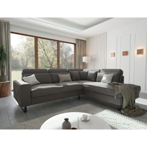 Pixel - Ecksofa mit Ottomane und Schwarz Metall Füßen in Grau Samt-Stoff