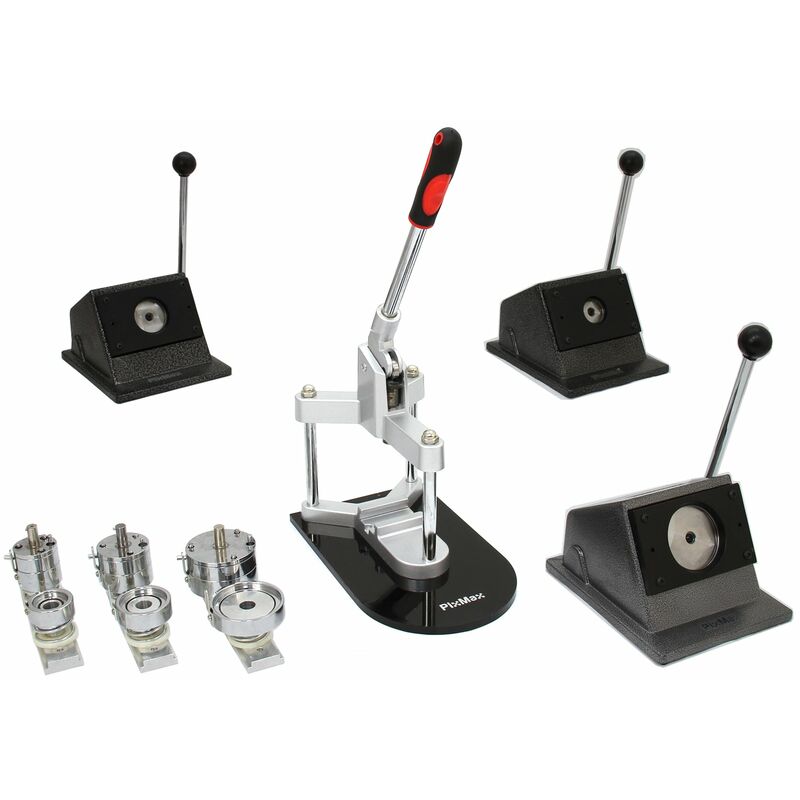 Monster Shop - Paquet de Machine à Badge, 3 Découpeurs, Moules et Têtes de Pressage 25mm, 37mm et 58mm & 720 Badges gratuits