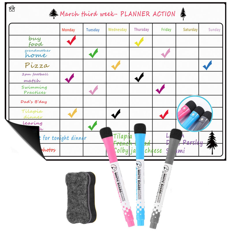 

Pizarra magnetica con calendario de borrado en seco, iman para nevera, adhesivos flexibles para mensajes diarios con 3 boligrafos, 1 borrador para