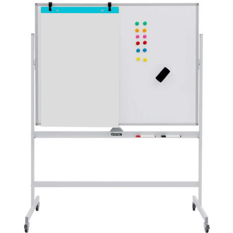 Pizarra móvil de doble cara 120 x 90 cm con altura regulable y ruedas 360° en aluminio blanco 200014136