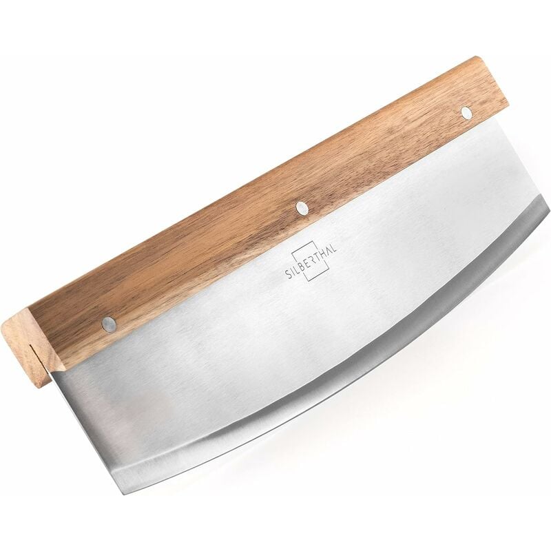 Pizza Cutter In Stainless Steel And Acacia Wood - Half Moon Pizza Knife 32 cm - Herb Vegetable Tart Chopper - Easy Cut