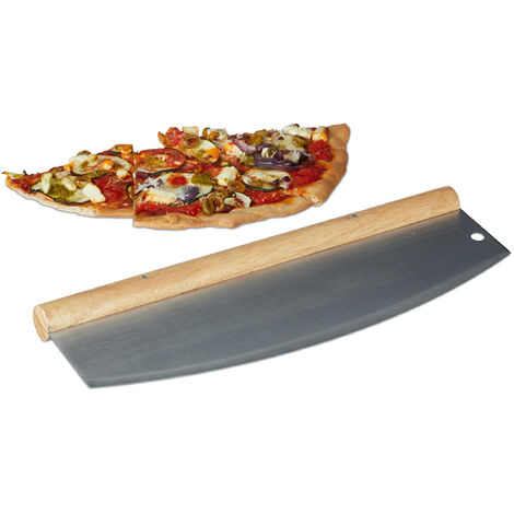 Pizza Wiegemesser, Edelstahl Pizzaschneider mit Holzgriff, 1 Klinge mit Schutzhülle, HxB: 12 x 35 cm, silber