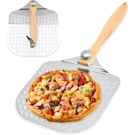 Pizzaschieber, perforierter Aluminium-Pizzaschieber, Edelstahl-Pizzaschieber mit abnehmbarem Griff, klappbarer Holz-Pizzaschieber zum Backen von Pizza und Brot