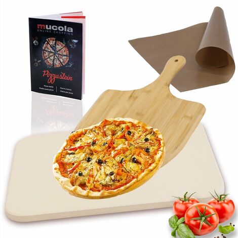 Pizzastein SET 4tlg. Backstein Steinofen Schaufel Rezeptbuch 30x38cm Cordierit Backpapier Backofen Gasgrill Beige Knusprig Küchen Italienische Art Brotbackstein