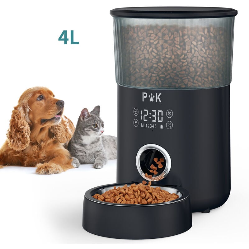 p&k 4L Distributeur Automatique de Nourriture Noir pour Chat et Chien Distributeur de Croquette Gamelle 5 Repas par Jour Avec Écran Tactile