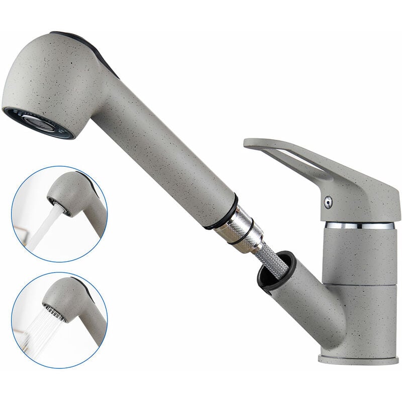 P&k - Auralum Mitigeur de Cuisine Gris avec Douchette extractible, Robinet Evier Rotatif 360°, Avec 2 Modes Jet et Barboteur démontable