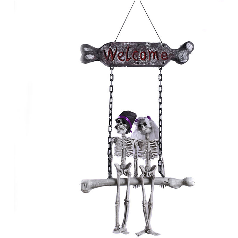 

Placa de bienvenida de Halloween Calavera Novia Novio Decoracion colgante Cartel de bienvenida de esqueleto volador de Halloween Adorno Regalo para