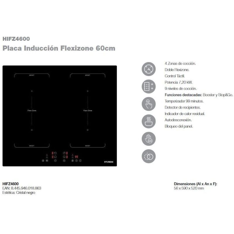 Hyundai - Placa de Inducción 59cm HIFZ4600 Flex Inducción , 4 Zo