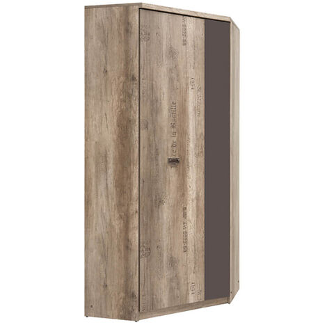 Placard armoire d'angle avec 1 porte coloris Chêne/Gris motif écriture - Longueur 96 x Largeur 96 x Hauteur 205,5 cm