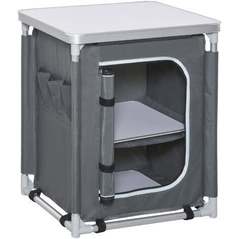 Placard de cuisine pour camping pliable avec 2 étagères et sac de transport, aluminium et tissu Oxford 60x49x70cm Gris