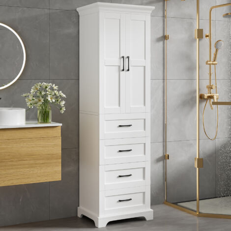 Placard de salle de bain 57x38x180cm en MDF multi-compartiments. Étagères réglables,charnières douces et poignées noires,blanc.