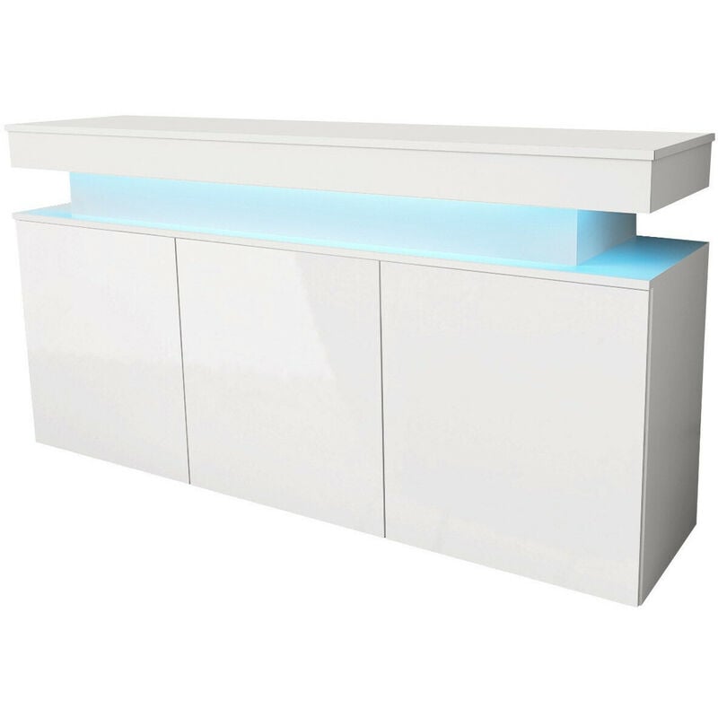 Buffet Monfero 101, Blanc + Blanc brillant, 83x160cm, Le nombre de portes: 039cm, Stratifié, mdf, led