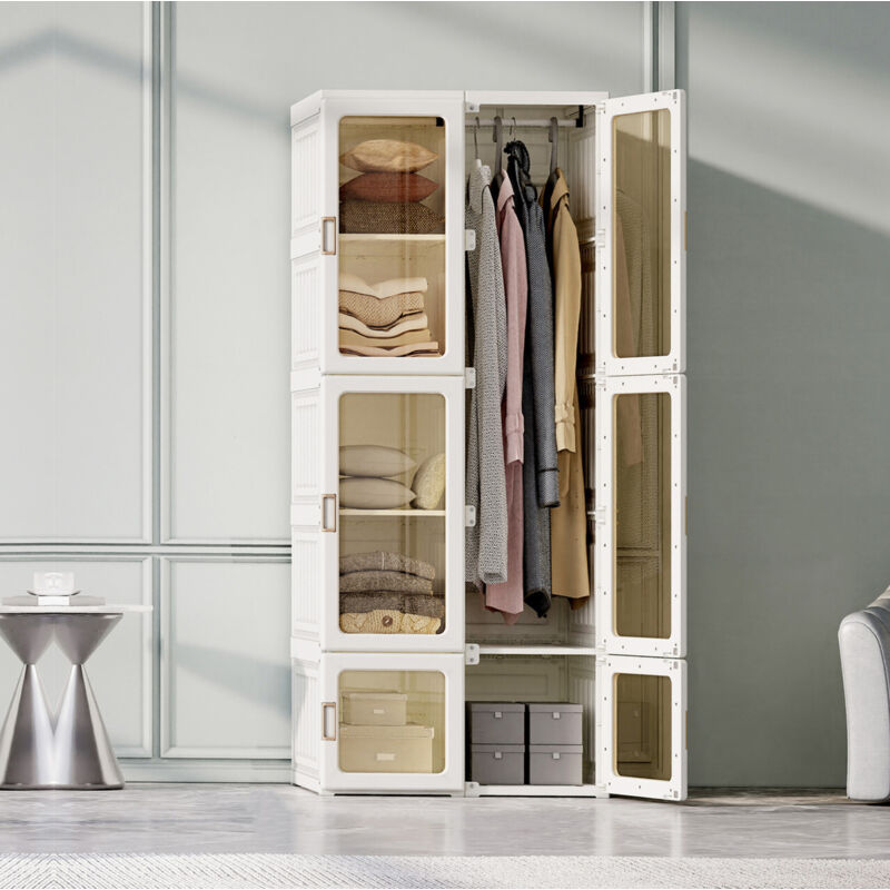Placard pliable 6 portes, blanc, 69x50x170cm,Portes magnétiques, Idéal séjour/chambre, rangement polyvalent barre incluse