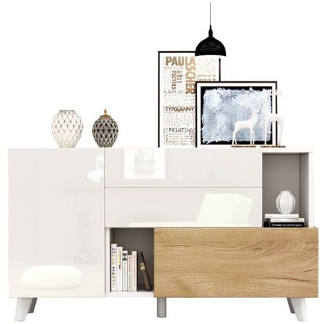 PLACARD SCANDINAVE MINIMALISTE FONCTIONNEL ELEGANT PLATEAU DE PARTICULES BLANC ET CHENE CLAIR 130.00 X 40.00 X 70.00