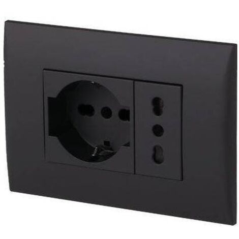 Placca electraline precomposta da 1 presa bivalente 10/16a + 1 presa universale p40 nera - 22111