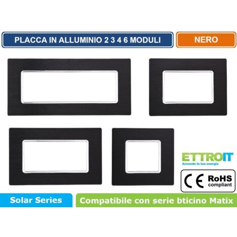 Placca serie Solar, 2 moduli, alluminio, nera, compatibile con serie BTicino Matix - Ettroit MT86202