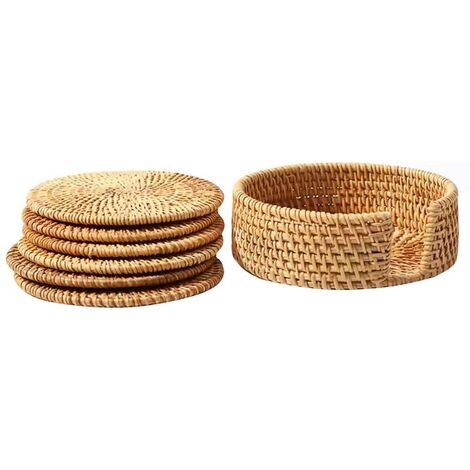 Place Mat Rattan Table Mats Tableware Weave Placemats Coaster Set 6, Round Brown Dining Place Mats Heat Resistant Non-Slip Cross 8cm
