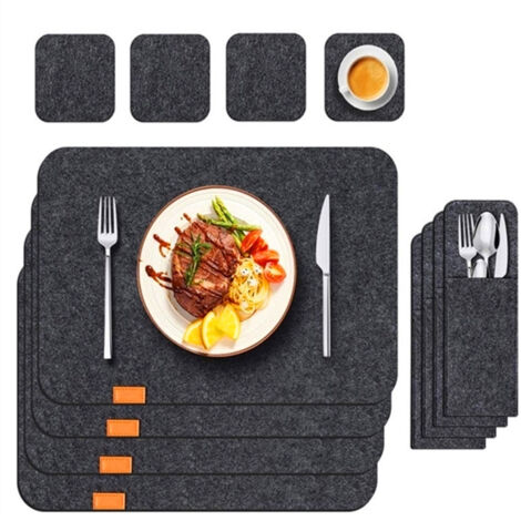 Placemat Cup Mat Set Felt Heat Insulation with Fork Bag Tableware Mat for Home Kitchen Dark Gray