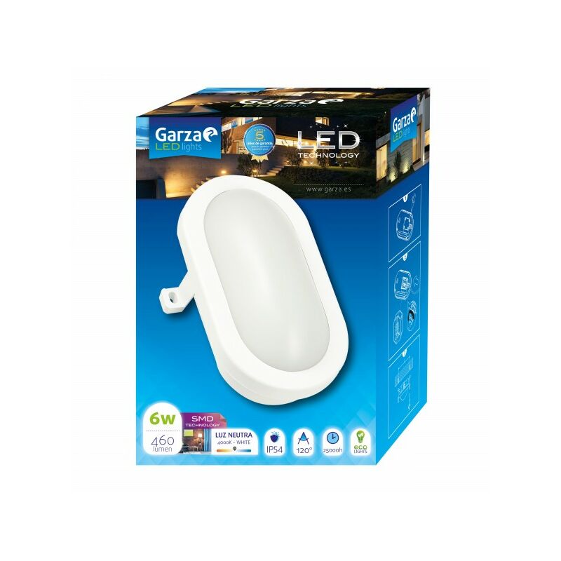 

Lighting Outdoor - Plafón LED Oval de Exterior, Potencia 6W, Protección contra Agua y Polvo IP54, Luz Neutra 4000K, color Blanco - Garza