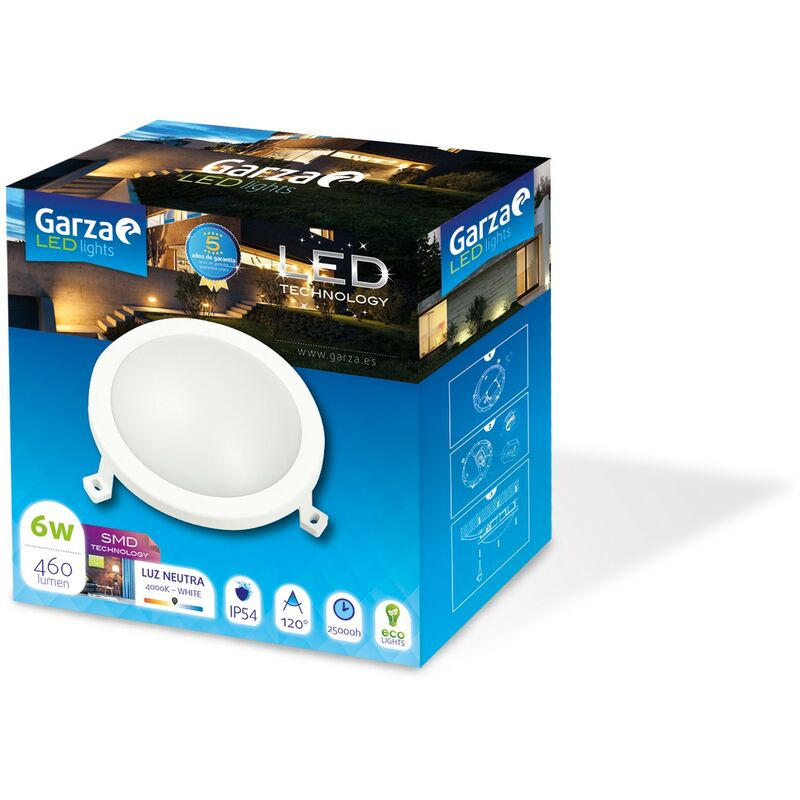 

Garza Lighting Outdoor - Plafón LED Circular de Exterior, Potencia 6W, Protección contra Agua y Polvo IP54, Luz Neutra 4000K, color Blanco