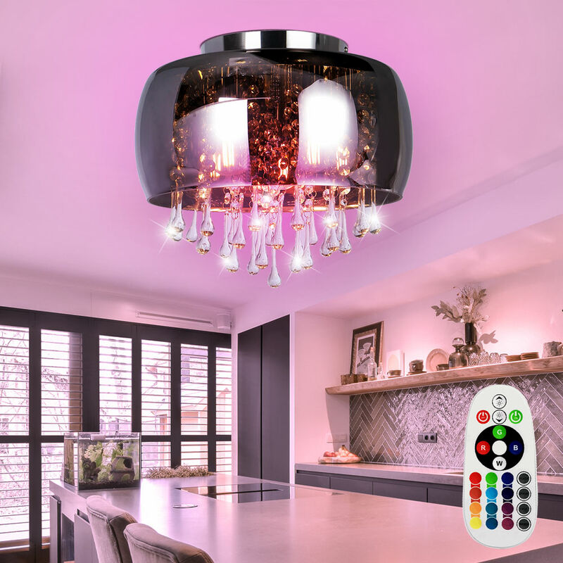 

Plafón de cristal ahumado MANDO A DISTANCIA Lámpara de cristal cromado REGULABLE en un set que incluye lámparas LED RGB