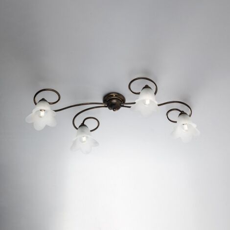 Plafón de hierro Marrón Oro con cuatro pantallas de cristal blanco 87x40x h17 cm