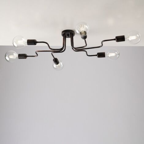 Plafón de hierro negro con decoración cobre seis luces 83x48x h17 cm