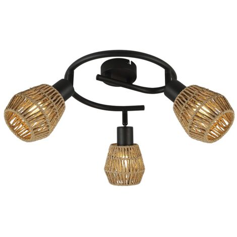 Plafón de techo "Krabi" de tres luces (3xE14) IP20 Ø50x12,8cm fabricada en metal y ratán color negro y beige